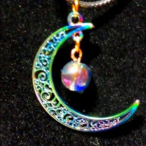 Rainbow titanium Tibetan metal coated glass bead handmade crescent moon filigree